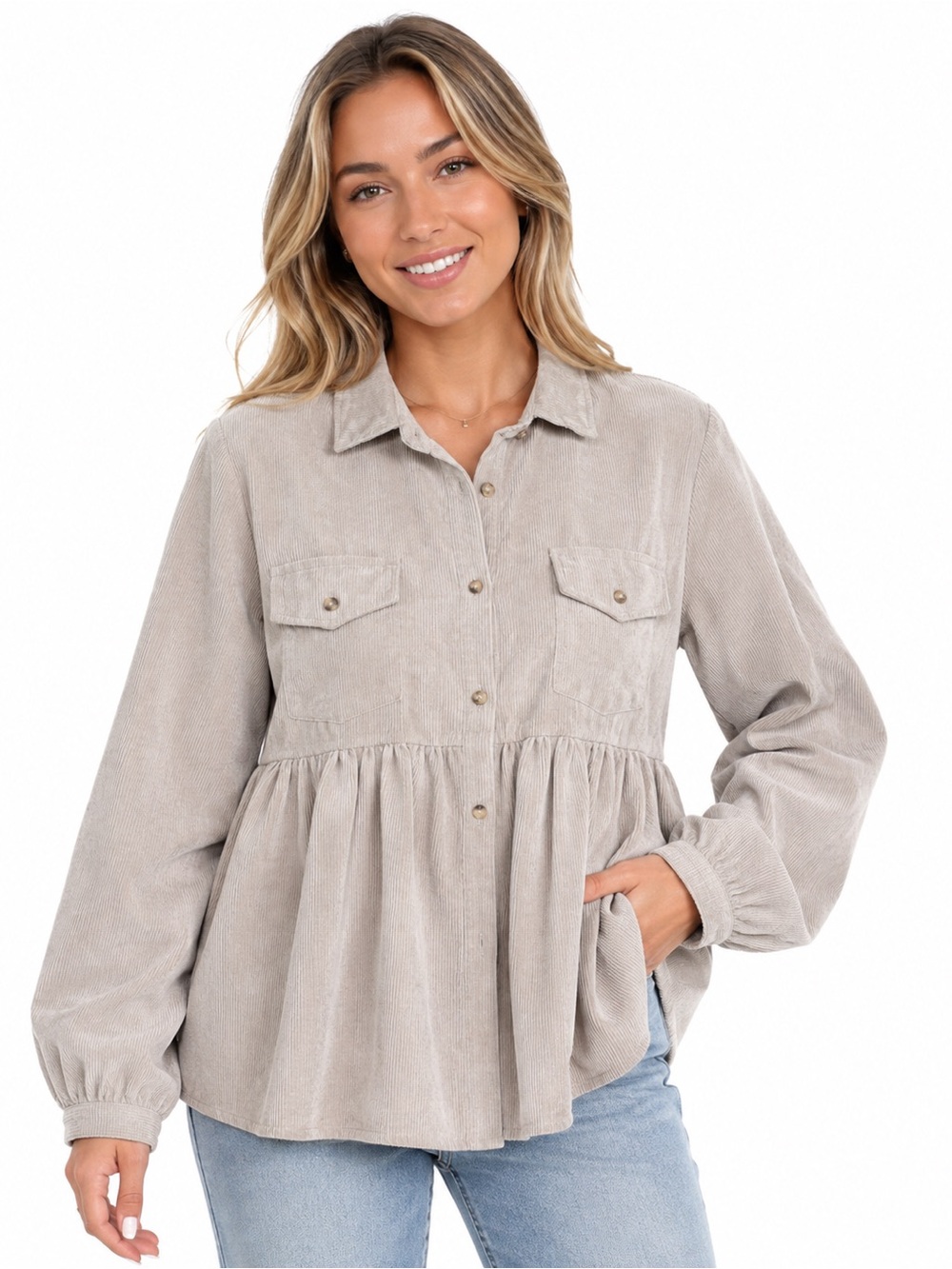 Button-Front Corduroy Peplum Shirt Jacket in Light Taupe